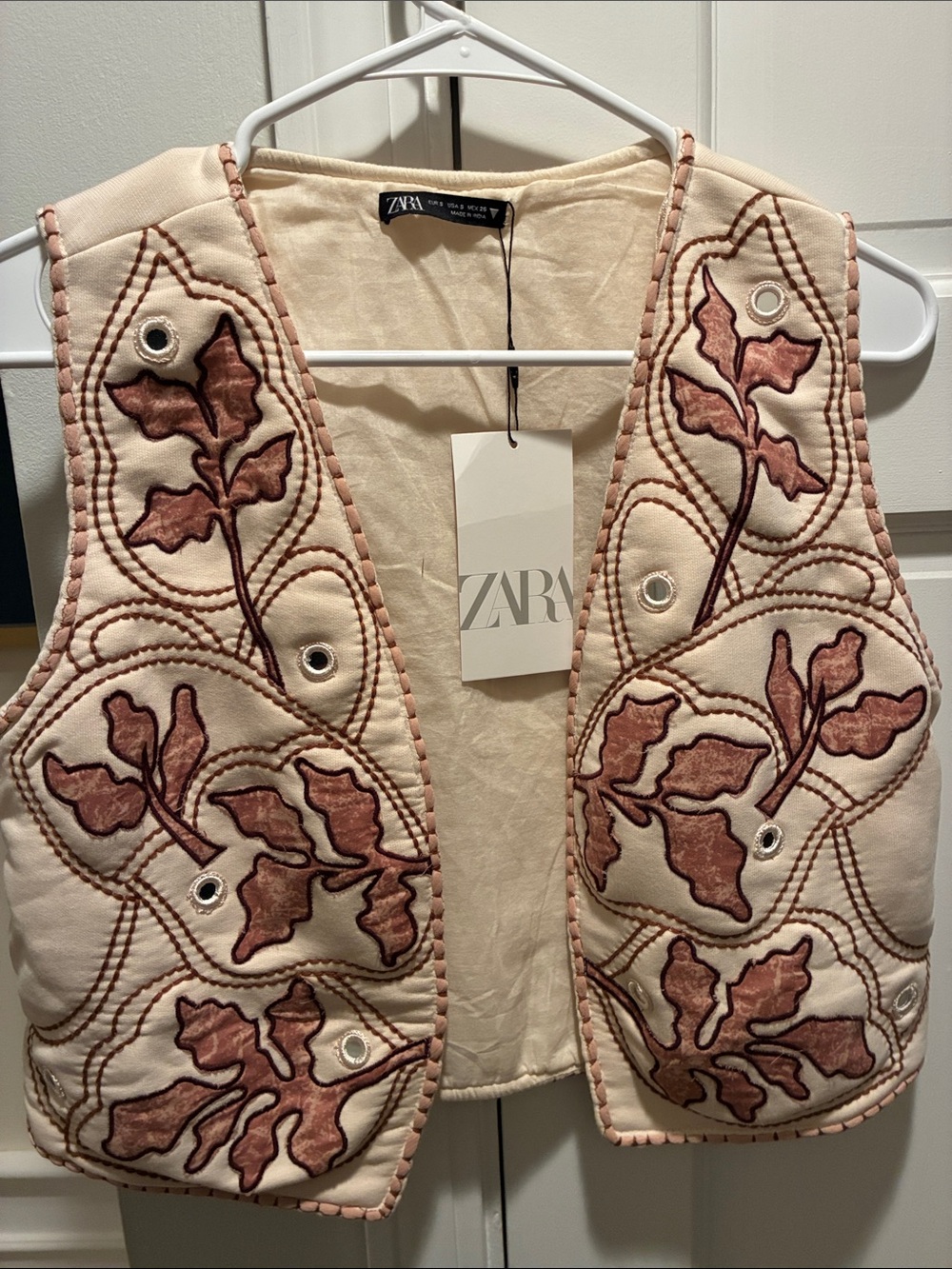 Zara Cream Quilted Vest with Brown Floral Embroidery